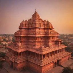 Beautifully intricate Ram Mandir of Ayodhya at sunset, with its majestic architecture gleaming under the orange hues.