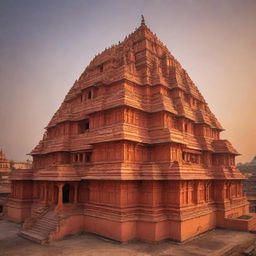 Beautifully intricate Ram Mandir of Ayodhya at sunset, with its majestic architecture gleaming under the orange hues.