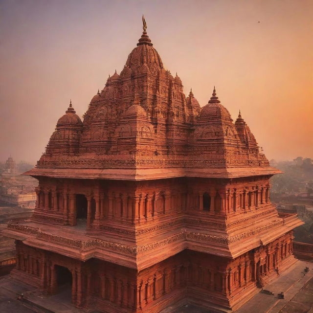 Beautifully intricate Ram Mandir of Ayodhya at sunset, with its majestic architecture gleaming under the orange hues.