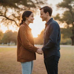 A loving couple holding hands and looking into each other's eyes, standing in a beautiful park during sunset.