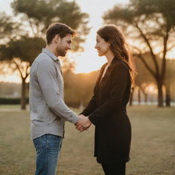 A loving couple holding hands and looking into each other's eyes, standing in a beautiful park during sunset.