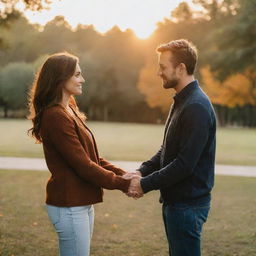 A loving couple holding hands and looking into each other's eyes, standing in a beautiful park during sunset.