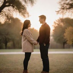 A loving couple holding hands and looking into each other's eyes, standing in a beautiful park during sunset.