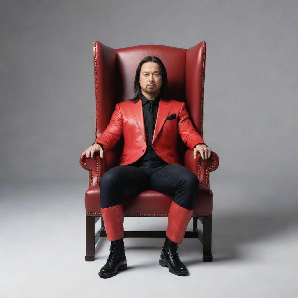 Generate a 3D realistic image of WWE superstar Shinsuke Nakamura nonchalantly seated on a wing-back chair, creating an illusion of depth and perspective.