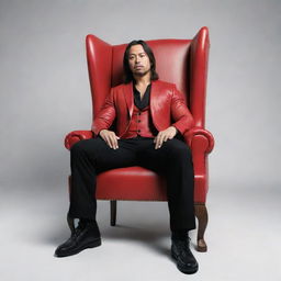 Generate a 3D realistic image of WWE superstar Shinsuke Nakamura nonchalantly seated on a wing-back chair, creating an illusion of depth and perspective.