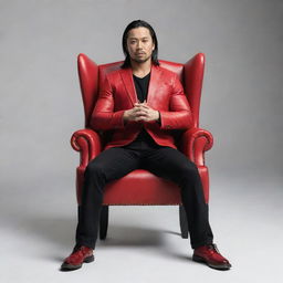 Generate a 3D realistic image of WWE superstar Shinsuke Nakamura nonchalantly seated on a wing-back chair, creating an illusion of depth and perspective.