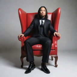 Generate a 3D realistic image of WWE superstar Shinsuke Nakamura nonchalantly seated on a wing-back chair, creating an illusion of depth and perspective.