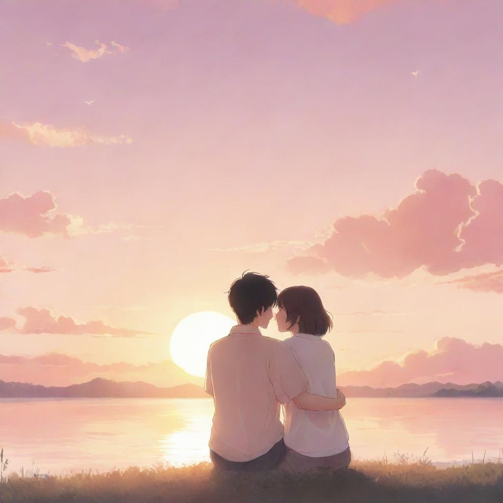 Anime-style illustration of a loving couple, gently engaging with each other. The background is a serene sunset with soft, warm hues.