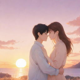 Anime-style illustration of a loving couple, gently engaging with each other. The background is a serene sunset with soft, warm hues.