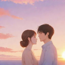 Anime-style illustration of a loving couple, gently engaging with each other. The background is a serene sunset with soft, warm hues.