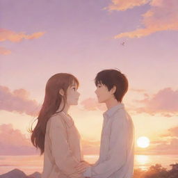 Anime-style illustration of a loving couple, gently engaging with each other. The background is a serene sunset with soft, warm hues.