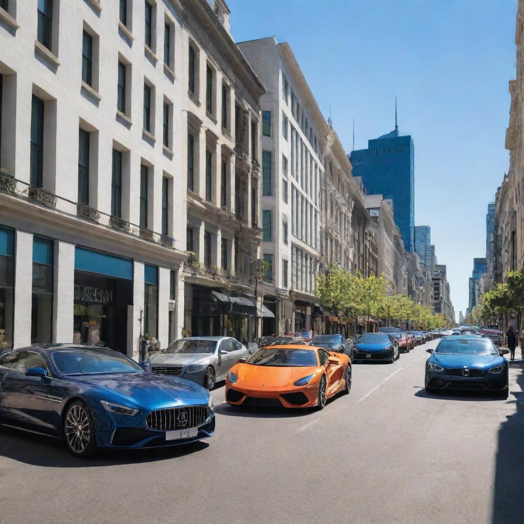 A vibrant display of various luxury cars in a bustling city street under a bright blue sky.