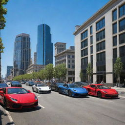 A vibrant display of various luxury cars in a bustling city street under a bright blue sky.