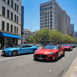 A vibrant display of various luxury cars in a bustling city street under a bright blue sky.