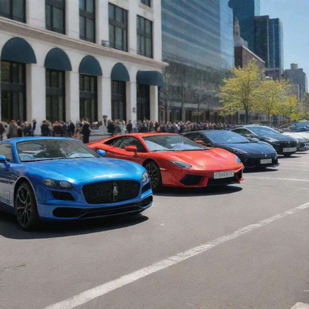 A vibrant display of various luxury cars in a bustling city street under a bright blue sky.