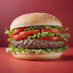 An appetizing hamburger with fresh lettuce, juicy patty, and ripe tomatoes, displayed horizontally on a radiant red background.