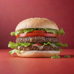 An appetizing hamburger with fresh lettuce, juicy patty, and ripe tomatoes, displayed horizontally on a radiant red background.