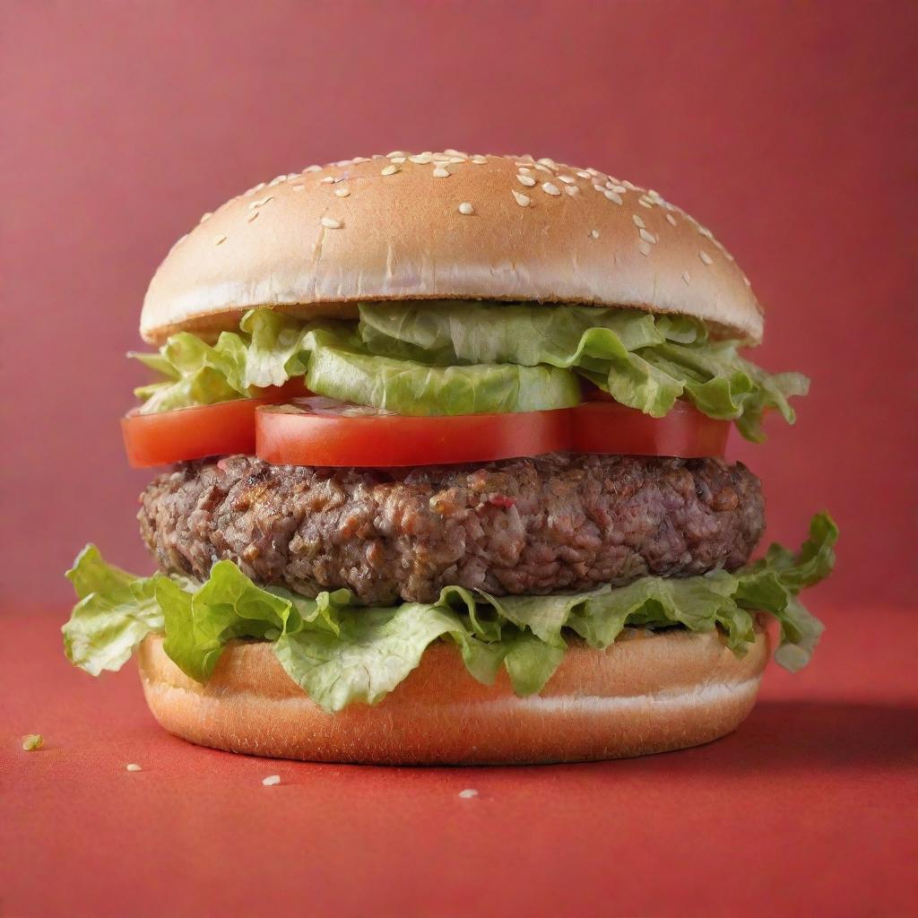 An appetizing hamburger with fresh lettuce, juicy patty, and ripe tomatoes, displayed horizontally on a radiant red background.