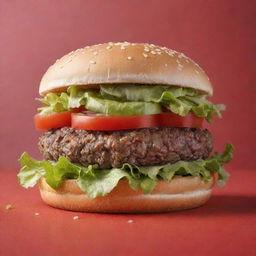 An appetizing hamburger with fresh lettuce, juicy patty, and ripe tomatoes, displayed horizontally on a radiant red background.
