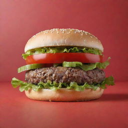 An appetizing hamburger with fresh lettuce, juicy patty, and ripe tomatoes, displayed horizontally on a radiant red background.