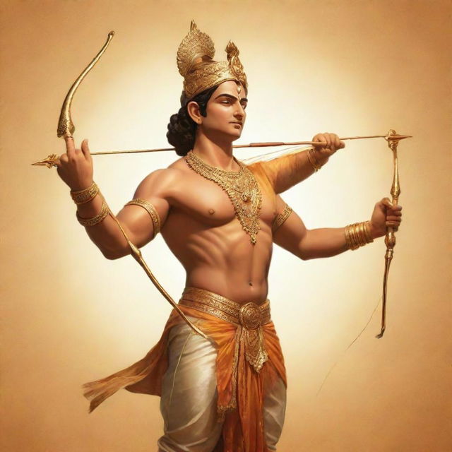 A serene depiction of Lord Ram, the seventh avatar of Vishnu in Hindu mythology, standng peacefully with his bow and arrow, against a golden sunlit backdrop with the Sanskrit phrase 'Jai Shree Ram' written in elegant calligraphy below.