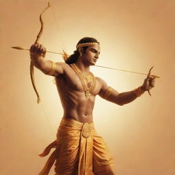 A serene depiction of Lord Ram, the seventh avatar of Vishnu in Hindu mythology, standng peacefully with his bow and arrow, against a golden sunlit backdrop with the Sanskrit phrase 'Jai Shree Ram' written in elegant calligraphy below.