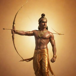 A serene depiction of Lord Ram, the seventh avatar of Vishnu in Hindu mythology, standng peacefully with his bow and arrow, against a golden sunlit backdrop with the Sanskrit phrase 'Jai Shree Ram' written in elegant calligraphy below.