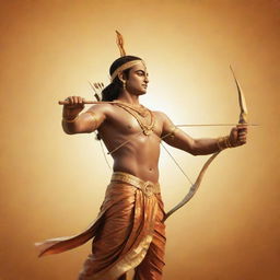 A serene depiction of Lord Ram, the seventh avatar of Vishnu in Hindu mythology, standng peacefully with his bow and arrow, against a golden sunlit backdrop with the Sanskrit phrase 'Jai Shree Ram' written in elegant calligraphy below.