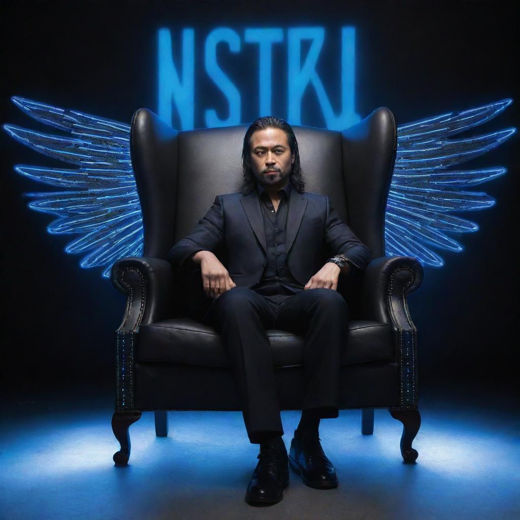 3D illusion of WWE superstar Shinsuke Nakamura sitting casually in a wingback chair, with a striking backdrop of his name in capital, blue neon lights glowing against a dark grey wall.