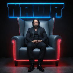 3D illusion of WWE superstar Shinsuke Nakamura sitting casually in a wingback chair, with a striking backdrop of his name in capital, blue neon lights glowing against a dark grey wall.