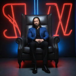 3D illusion of WWE superstar Shinsuke Nakamura sitting casually in a wingback chair, with a striking backdrop of his name in capital, blue neon lights glowing against a dark grey wall.