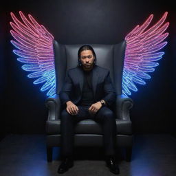 3D illusion of WWE superstar Shinsuke Nakamura sitting casually in a wingback chair, with a striking backdrop of his name in capital, blue neon lights glowing against a dark grey wall.