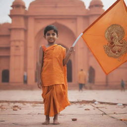 Generate an image of a boy dressed in saffron-colored clothes, firmly holding a flag with Lord Ram's emblem. The background displays the majestic Ram Mandir in Ayodhya, celebrating its inauguration on January 22nd. The image has size and proportions suitable for social media profile pictures.