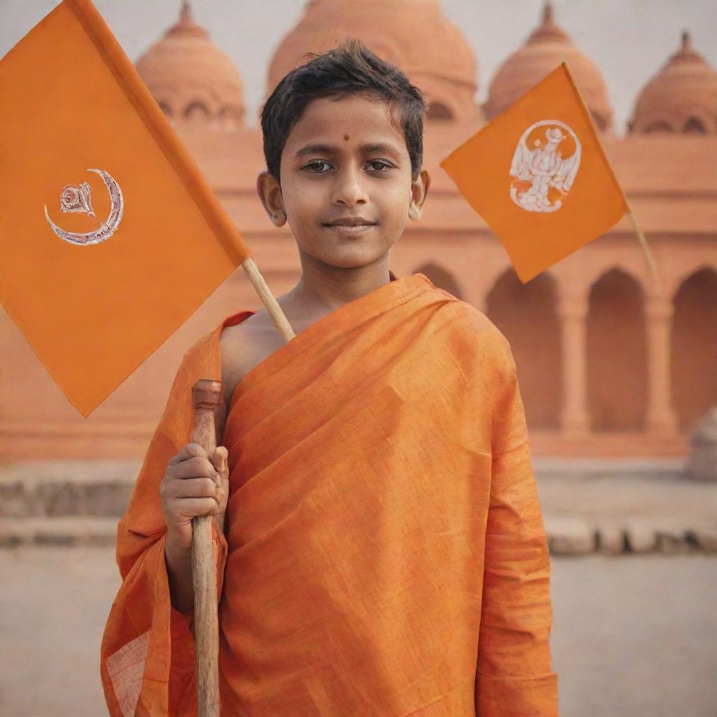 Generate an image of a boy dressed in saffron-colored clothes, firmly holding a flag with Lord Ram's emblem. The background displays the majestic Ram Mandir in Ayodhya, celebrating its inauguration on January 22nd. The image has size and proportions suitable for social media profile pictures.