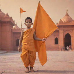 Generate an image of a boy dressed in saffron-colored clothes, firmly holding a flag with Lord Ram's emblem. The background displays the majestic Ram Mandir in Ayodhya, celebrating its inauguration on January 22nd. The image has size and proportions suitable for social media profile pictures.