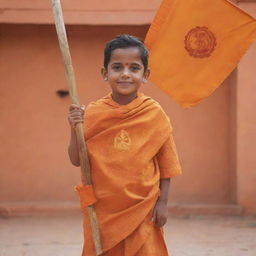 Generate an image of a boy dressed in saffron-colored clothes, firmly holding a flag with Lord Ram's emblem. The background displays the majestic Ram Mandir in Ayodhya, celebrating its inauguration on January 22nd. The image has size and proportions suitable for social media profile pictures.