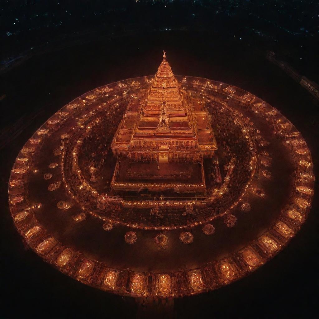 Ram Mandir in the night adorned with a multitude of enlightened diyas, captured from a bird's eye view by a drone