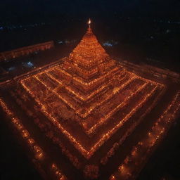 Ram Mandir in the night adorned with a multitude of enlightened diyas, captured from a bird's eye view by a drone