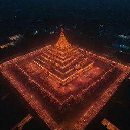 Ram Mandir in the night adorned with a multitude of enlightened diyas, captured from a bird's eye view by a drone