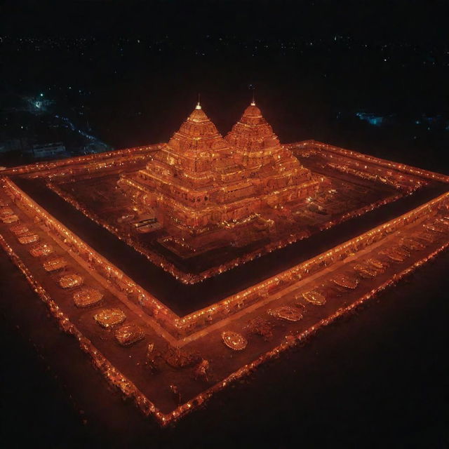 Ram Mandir in the night adorned with a multitude of enlightened diyas, captured from a bird's eye view by a drone