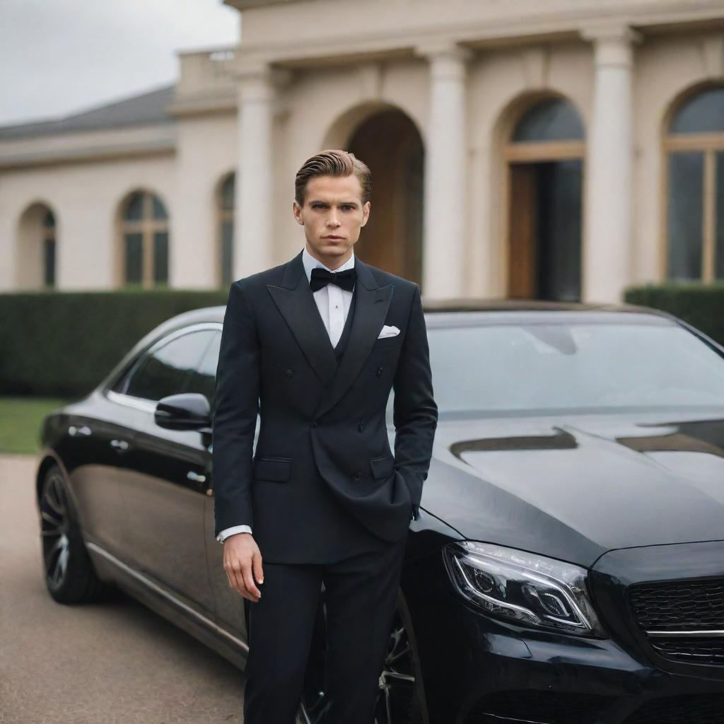 A sophisticated individual portrayed in luxurious attire, standing near a high-end car, with a grand mansion in the background.