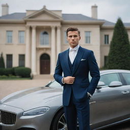 A sophisticated individual portrayed in luxurious attire, standing near a high-end car, with a grand mansion in the background.