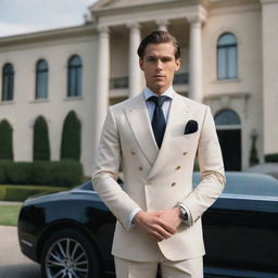 A sophisticated individual portrayed in luxurious attire, standing near a high-end car, with a grand mansion in the background.