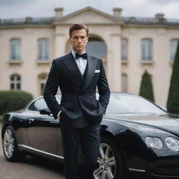 A sophisticated individual portrayed in luxurious attire, standing near a high-end car, with a grand mansion in the background.