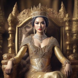 An ultra-HD, photo-realistic image of a beautiful Indonesian queen, exuding an aura of regality and elegance