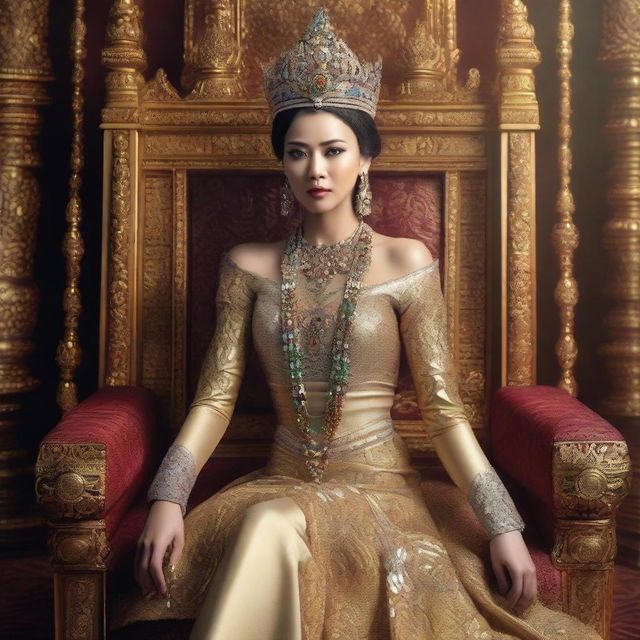 An ultra-HD, photo-realistic image of a beautiful Indonesian queen, exuding an aura of regality and elegance