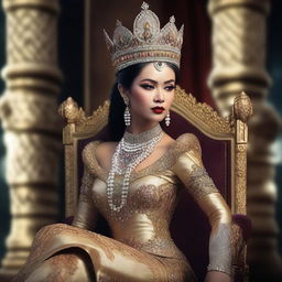 An ultra-HD, photo-realistic image of a beautiful Indonesian queen, exuding an aura of regality and elegance