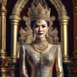 An ultra-HD, photo-realistic image of a beautiful Indonesian queen, exuding an aura of regality and elegance