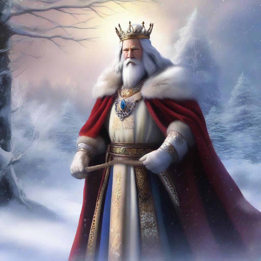 A majestic digital art piece displaying a regal king standing in the snowy landscapes of the north