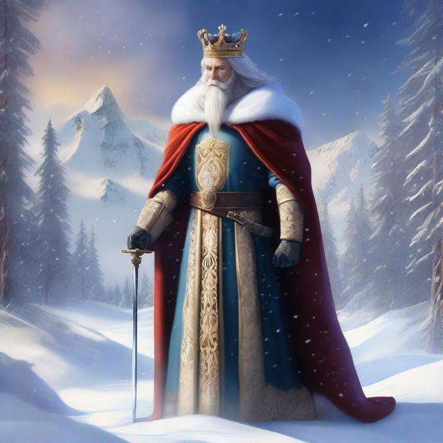 A majestic digital art piece displaying a regal king standing in the snowy landscapes of the north